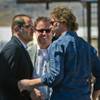Hyperloop One Executive Chairman Shervin Pishevar, CEO Rob Lloyd and CTO Brogan BamBrogan come together in celebration following a successful Hyperloop One sled test at their facility in North Las Vegas on Wednesday, May 11, 2016.