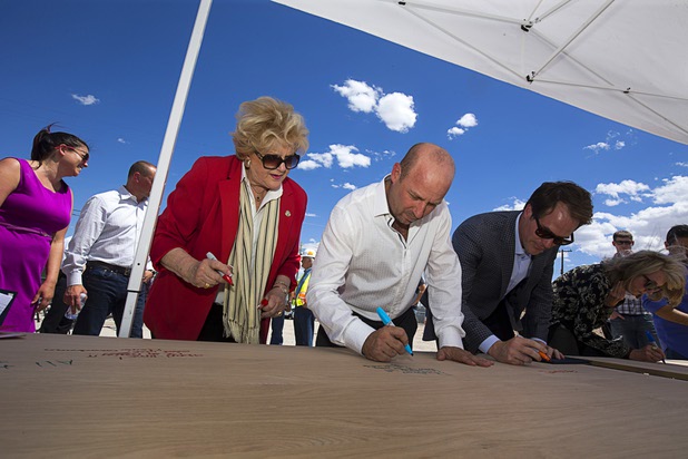 Las Vegas Mayor Carolyn Goodman, left, Todd Kessler, center, of the Resort Gaming Group, and Nate Carlson, vice president of development for the Wolff Company, during groundbreaking ceremony for Fremont9, a new apartment complex at East Fremont and Ninth streets, in downtown Las Vegas, Monday, May 16, 2016.