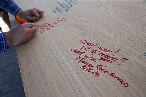 A message from Las Vegas Mayor Carolyn Goodman is shown on a panel during groundbreaking ceremony for Fremont9, a new apartment complex at East Fremont and Ninth streets, in downtown Las Vegas, Monday, May 16, 2016. The panels will be used in the apartment construction.