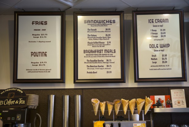 The menu is shown on the wall at Salted Malted Bakery & Creamery, 6584 N. Decatur Blvd., Tuesday, May 17, 2016. The restaurant offers many Canadian specialties such as poutine, peameal bacon, and a variety of sweets.