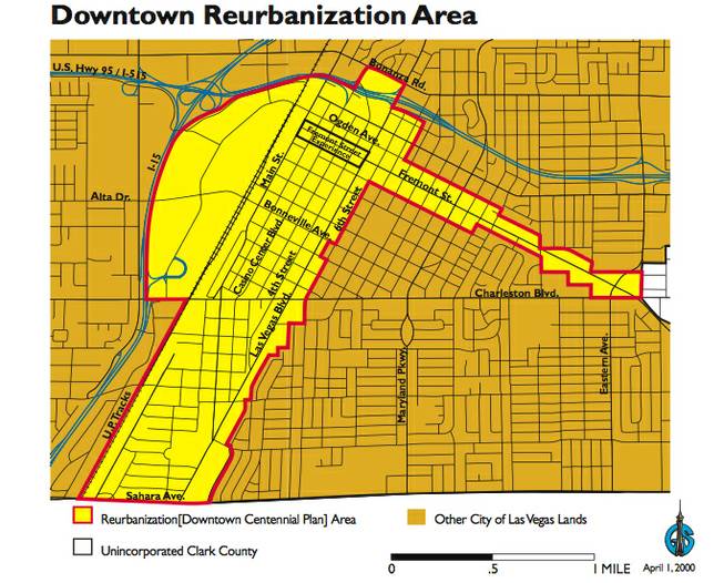 This map, which appears in the "Las Vegas Master Plan 2020," depicts the area of focus for downtown reurbanization efforts as proposed in that plan. 