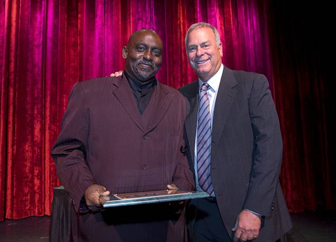 Eldorado High School soccer coach Gerald Pentsil, left, poses with Brian Greenspun, CEO, publisher and editor of the Greenspun Media Group, during the inaugural Las Vegas Sun Standout Awards at the South Point Thursday, May 19, 2016. Pentsil was honored with the Hank Greenspun Lifetime Achievement award. The award is named for Brian Greenspun's father, publisher of the Las Vegas Sun newspaper, who passed away in 1989.