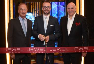 Aria President Bobby Baldwin, Hakkasan Group President Nick McCabe and Infinity World Development Corp. President Bill Grounds attend the ribbon-cutting ceremony for Jewel on Thursday, May 19, 2016, at Aria.