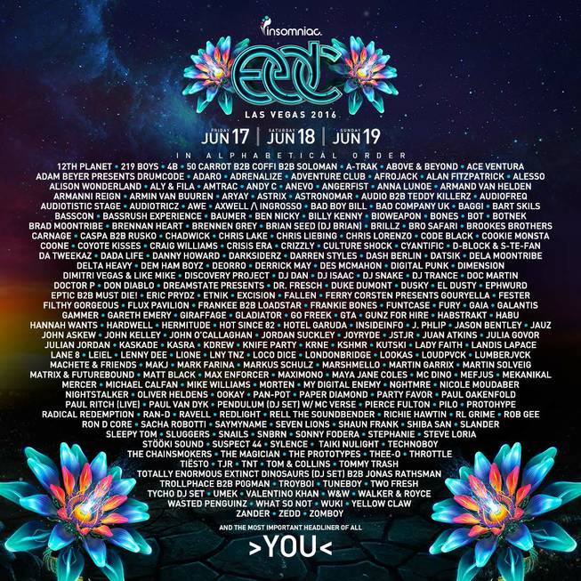 The lineup of the 2016 Electric Daisy Carnival festival from June 17-19 at Las Vegas Motor Speedway.