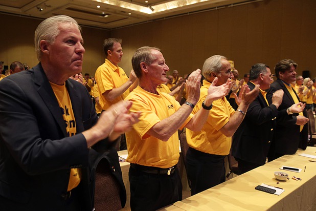 Members of the United Food & Commercial Workers International Union give a standing ovation to Democratic U.S. presidential candidate Hillary Clinton during the UFCW convention at the Mirage, Thursday, May 26, 2016.