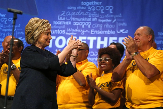 Democratic U.S. presidential candidate Hillary Clinton gives a thumbs up as she arrives to speak at the United Food & Commercial Workers convention at the Mirage, Thursday, May 26, 2016.