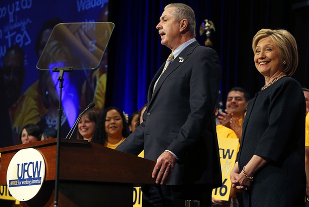 Democratic U.S. presidential candidate Hillary Clinton is introduced by United Food & Commercial Workers International President Marc Perrone at the UFCW convention at the Mirage, Thursday, May 26, 2016.