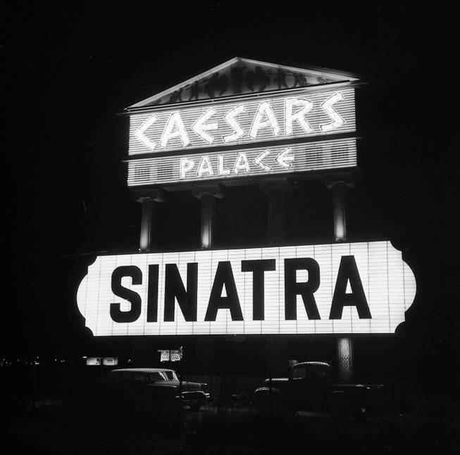 A marquee advertises Frank Sinatra on Nov. 23, 1968, at Caesars Palace.