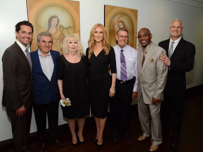 Four of the five employees who have been with Caesars Palace since 1966 attended Celine Dion’s resident show at the Colosseum and met Dion on Wednesday, May 18, 2016, as part of the 50th anniversary celebration. From left, Caesars Palace General Manager Sean McBurney, Pete George, Pamela Price, Dion, Jim Dunbar, Benny Figgins and Caesars Palace Regional President Gary Selesner.