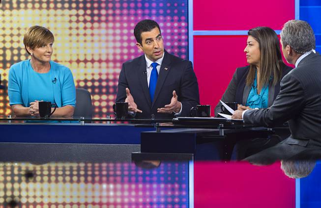 Democratic congressional candidates, from left, Susie Lee, Ruben Kihuen and Lucy Flores debate with host Jon Ralston during a taping of "Ralston Live" at Vegas PBS Wednesday, June 8, 2016.