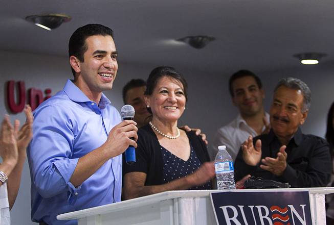 Democratic Congressional candidate Ruben Kihuen introduces his mother Blanca, a Culinary Workers Union member, and father Armando, right, at the Culinary Workers Union, Local 226, headquarters Tuesday, June 14, 2016.