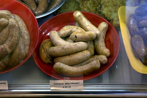 Homemade chicken bratwurst is displayed at Tina's Gourmet Sausage House, 2101 S Decatur Blvd., Thursday, June 16, 2016.