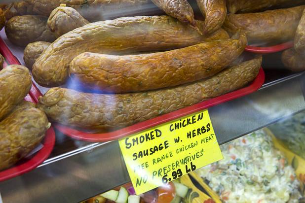 Homemade chicken sausage with herbs is displayed at Tina's Gourmet Sausage House, 2101 S Decatur Blvd., Thursday, June 16, 2016.
