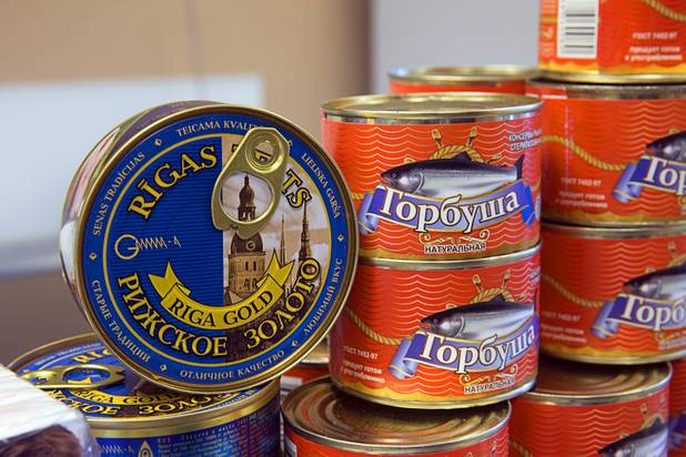 Cans of sardines, left, and salmon are displayed at Tina's Gourmet Sausage House, 2101 S Decatur Blvd., Thursday, June 16, 2016.