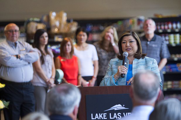 Henderson City Councilwoman Geri Schroeder speaks during the official opening of the Seasons Market at Lake Las Vegas in Henderson Tuesday, June 21, 2016. The neighborhood grocery store and specialty market is located in MonteLago Village.