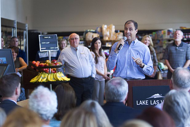 Scott Muelrath, president/CEO of the Henderson Chamber of Commerce, speaks at the opening of the Seasons Market at Lake Las Vegas in June. Muelrath and the Chamber hosted an event Tuesday night to bring together business owners and representatives of local charities.