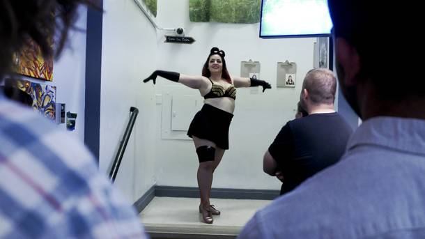 A burlesque performer performs a tap dance routine during the Small Space Fest at Emergency Arts downtown Las Vegas, Monday, June 20, 2016.
