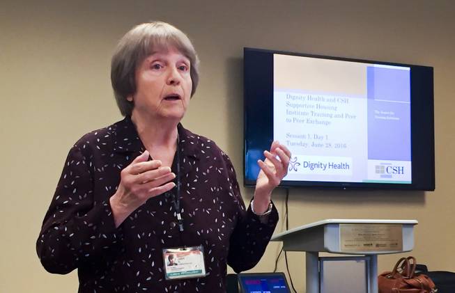 Sister Dr. Judy Nelson of Dignity Health-St. Rose Dominican Hospitals speaks about addressing Southern Nevada's homeless situation at the St. Rose Dominican Green Valley WomensCare and Outreach Center during the annual three-day Frequent User Supportive Housing Institute conference on Tuesday, June 28, 2016.