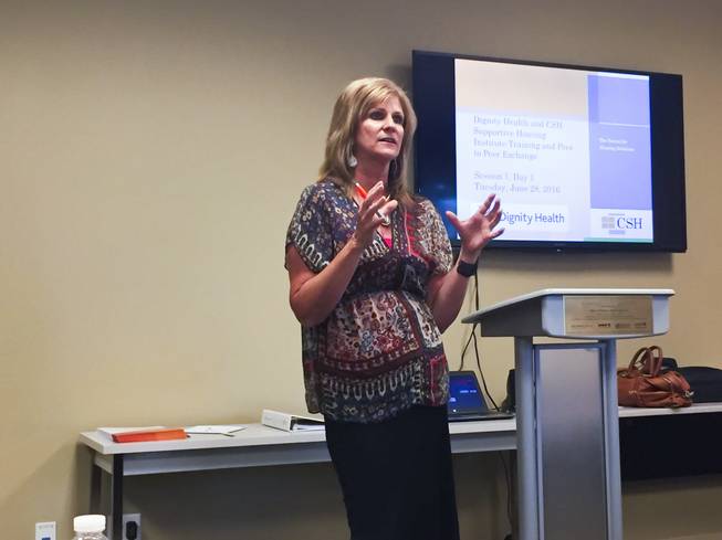 Kim Riggs of the Nevada Division of Healthcare Financing and Policy speaks on addressing Southern Nevada's homeless population at the St. Rose Dominican Green Valley WomensCare & Outreach Center during the annual three-day Frequent User Supportive Housing Institute conference, Tuesday, June 28, 2016.
