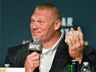 UFC 200 fighter Brock Lesnar makes a joke during a news conference at the MGM Grand on Wednesday, July 6, 2016.