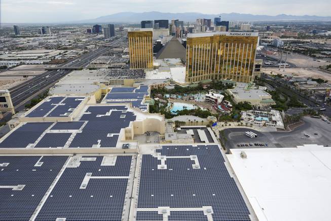 Rooftop solar panels are seen atop the Mandalay Bay Convention Center, Aug. 26, 2015. 