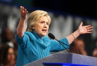 Presumptive Democratic presidential nominee Hillary Clinton speaks to members of the American Federation of State, County and Municipal Employees (AFSCME) union during their 42nd International Convention at the Las Vegas Convention Center Tuesday, July 19, 2016.