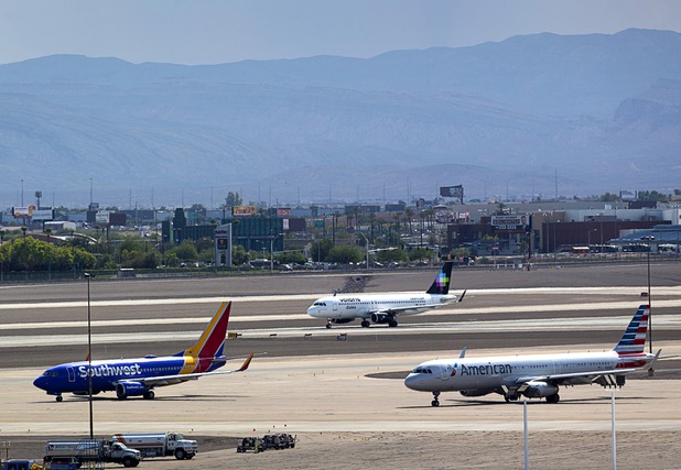 Southwest Airlines, Volaris (Mexico) and American Airlines passenger jets at McCarran International Airport Tuesday, August 2, 2016.