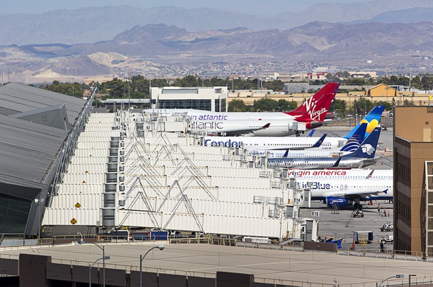 Passenger jets are shown at the D Gates at McCarran International Airport Tuesday, August 2, 2016.
