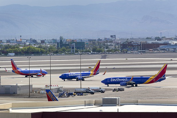 Southwest Airlines passenger jets are shown at McCarran International Airport Tuesday, August 2, 2016.