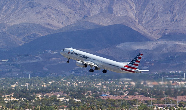 An American Airlines passenger jet takes off from McCarran International Airport Tuesday, August 2, 2016.