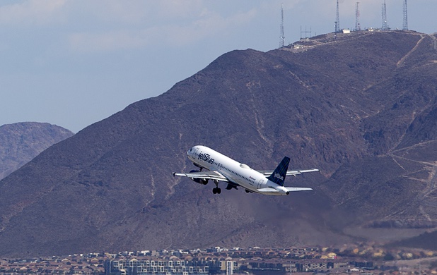 A Jet Blue passenger jet takes off from McCarran International Airport Tuesday, August 2, 2016.