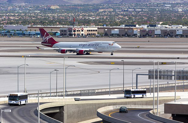 A Virgin Atlantic passenger jet taxis to a runway at McCarran International Airport Tuesday, August 2, 2016.