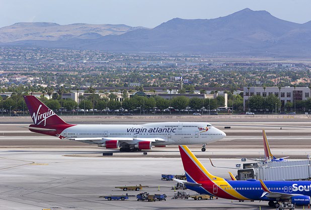 A Virgin Atlantic passenger jet taxis to a runway at McCarran International Airport Tuesday, August 2, 2016.