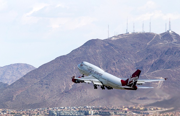 A Virgin Atlantic passenger jet takes off from McCarran International Airport Tuesday, August 2, 2016.