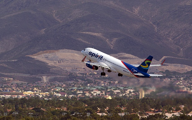 A Spirit passenger jet takes off from McCarran International Airport Tuesday, August 2, 2016.