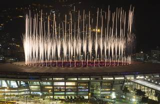 Fireworks explode above the Maracana stadium during the opening ceremony of the Rio's 2016 Summer Olympics in Rio de Janeiro in Rio de Janeiro, Brazil, Friday, Aug. 5, 2016. (AP Photo/Leo Correa)