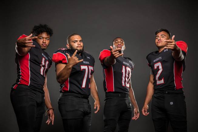 Members of the Las Vegas High football team pose for a photo at the Las Vegas Sun's high school football media day July 20, 2016 at the South Point. They include, from left, Archie McArthur, Robert Kaempfer, Elijah Hicks, and Cruz Littlefield.