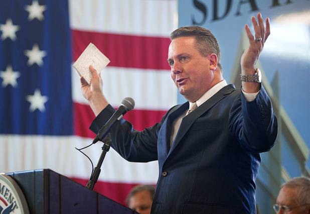 Developer Marc Biagiotti, president of SDA, Inc., speaks during an opening ceremony for the Federal Justice Tower, a new office building in downtown Las Vegas, Thursday, Aug. 18, 2016. The building will provide office space for multiple components of U.S. Immigration and Customs Enforcement, the U.S. Attorneys Office for the District of Nevada, the Federal Protective Service and the Department of Labors Office of the Inspector General.