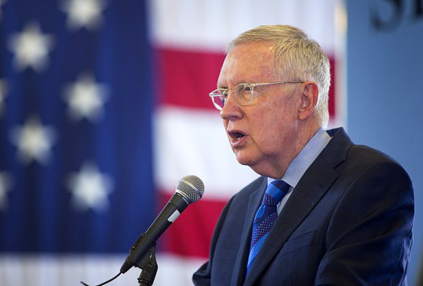 Senate Minority Leader Harry Reid (D-Nev.) speaks during an opening ceremony for the Federal Justice Tower, a new office building in downtown Las Vegas, Thursday, Aug. 18, 2016. The building will provide office space for multiple components of U.S. Immigration and Customs Enforcement, the U.S. Attorneys Office for the District of Nevada, the Federal Protective Service and the Department of Labors Office of the Inspector General.