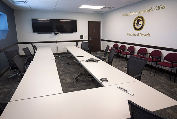 A media room is shown in the U.S. Attorney's Office, District of Nevada, in the Federal Justice Tower, a new office building in downtown Las Vegas, Thursday, Aug. 18, 2016. The building will provide office space for multiple components of U.S. Immigration and Customs Enforcement, the U.S. Attorneys Office for the District of Nevada, the Federal Protective Service and the Department of Labors Office of the Inspector General.