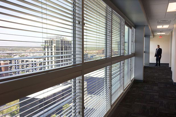Windows cover a southern wall in the Federal Justice Tower, a new office building in downtown Las Vegas, Thursday, Aug. 18, 2016. The building will provide office space for multiple components of U.S. Immigration and Customs Enforcement, the U.S. Attorneys Office for the District of Nevada, the Federal Protective Service and the Department of Labors Office of the Inspector General.