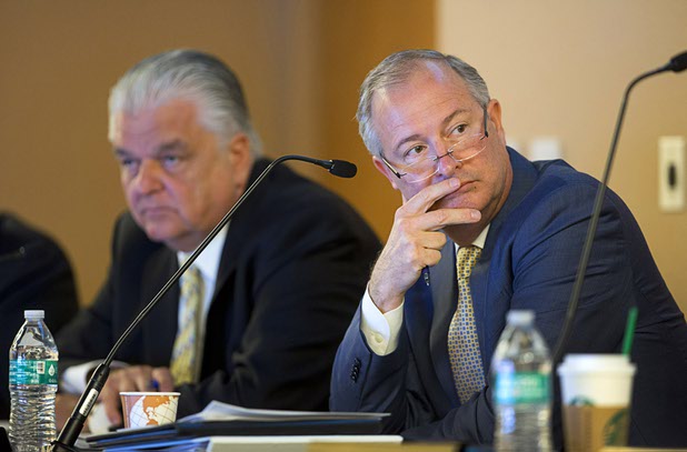 Clark County Commission Chairman Steve Sisolak, left, and committee chairman Steve Hill,  executive director of the Governor's Office of Economic Development, listen during a Southern Nevada Tourism Infrastructure Committee meeting at UNLV Thursday, Aug. 25, 2016.