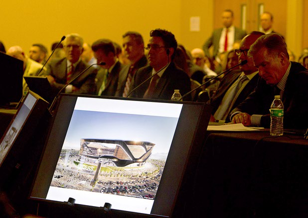 An artist's illustration of a stadium on Russell Road and Las Vegas Boulevard is displayed during a Southern Nevada Tourism Infrastructure Committee meeting at UNLV Thursday, Aug. 25, 2016.