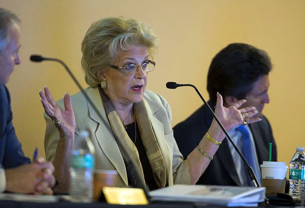 Las Vegas Mayor Carolyn Goodman asks a question during a Southern Nevada Tourism Infrastructure Committee meeting at UNLV Thursday, Aug. 25, 2016.