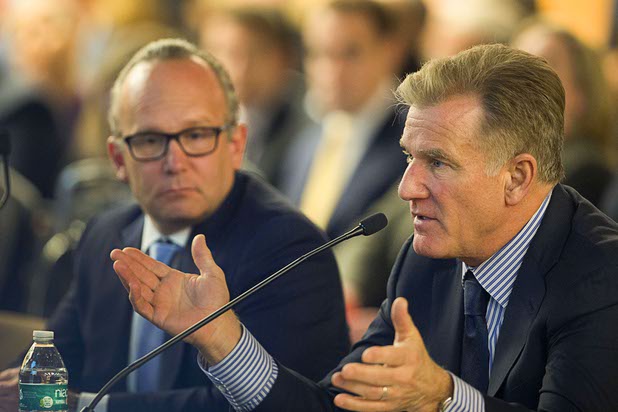 Andy Abboud, left, senior vice president of Government Relations and Community Development for the Venetian and the Las Vegas Sands, listens as Rob Goldstein, president/COO of Las Vegas Sands, addresses the Southern Nevada Tourism Infrastructure Committee at UNLV Thursday, Aug. 25, 2016.
