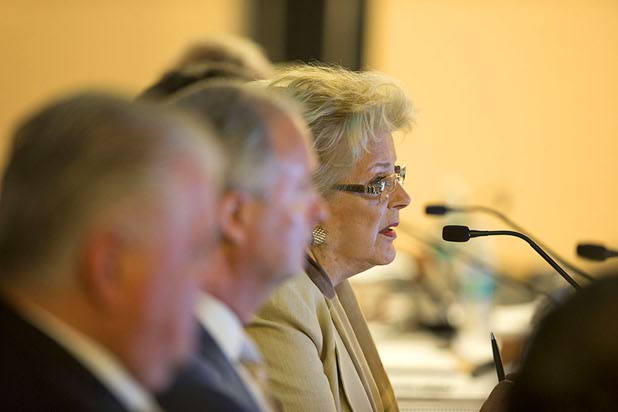 Las Vegas Mayor Carolyn Goodman asks a question during a Southern Nevada Tourism Infrastructure Committee meeting at UNLV Thursday, Aug. 25, 2016.