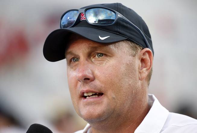 Mississippi head coach Hugh Freeze speaks with a reporter about the team's 38-13 win over Wofford in their NCAA college football game in Oxford, Miss., Saturday, Sept. 10, 2016. No. 19 Mississippi won 38-13. 