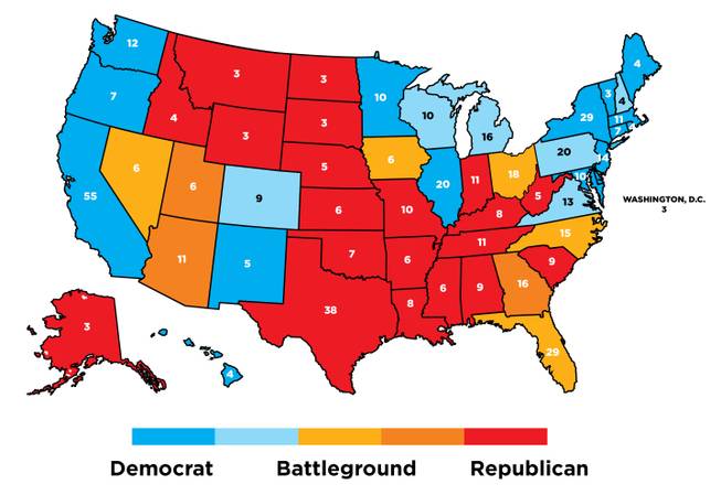 There are 74 electoral votes from so-called battleground states. States that at least lean Democratic represent 273 votes, while states that at least lean Republican represent 191 votes. If the map remains otherwise unchanged, Donald Trump would need to win every battleground state, plus flip a state such as Colorado or Wisconsin, in order to win the election. 