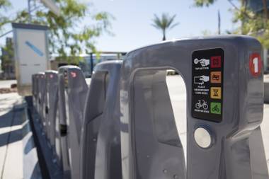 A pictorial label instructs bike share customers how to retrieve a bike at the newly installed bike share racks outside the RTC Bike Center, Monday, Sept. 19,&nbsp;2016.