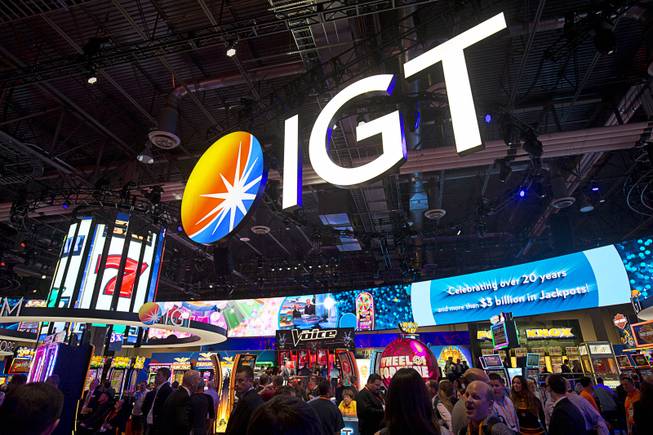The IGT booth is shown during the Global Gaming Expo (G2E) convention at the Sands Expo and Convention Center Tuesday, Sept. 27, 2016.